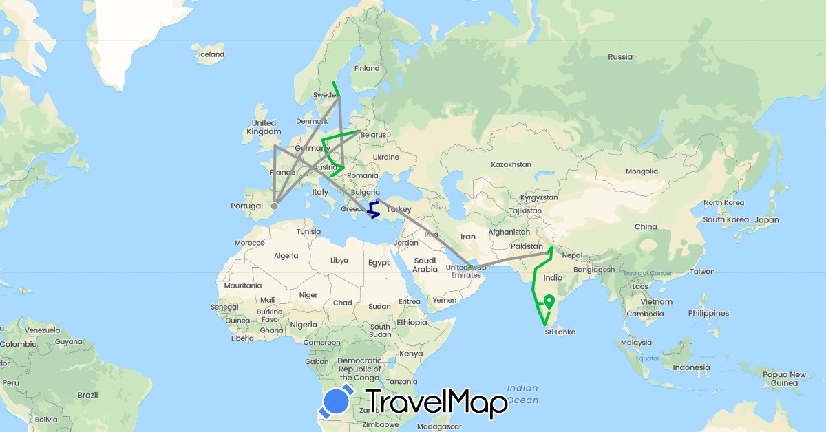 TravelMap itinerary: driving, bus, plane, cycling in United Arab Emirates, Austria, Czech Republic, Germany, Spain, United Kingdom, Croatia, Hungary, India, Lithuania, Sweden, Turkey (Asia, Europe)